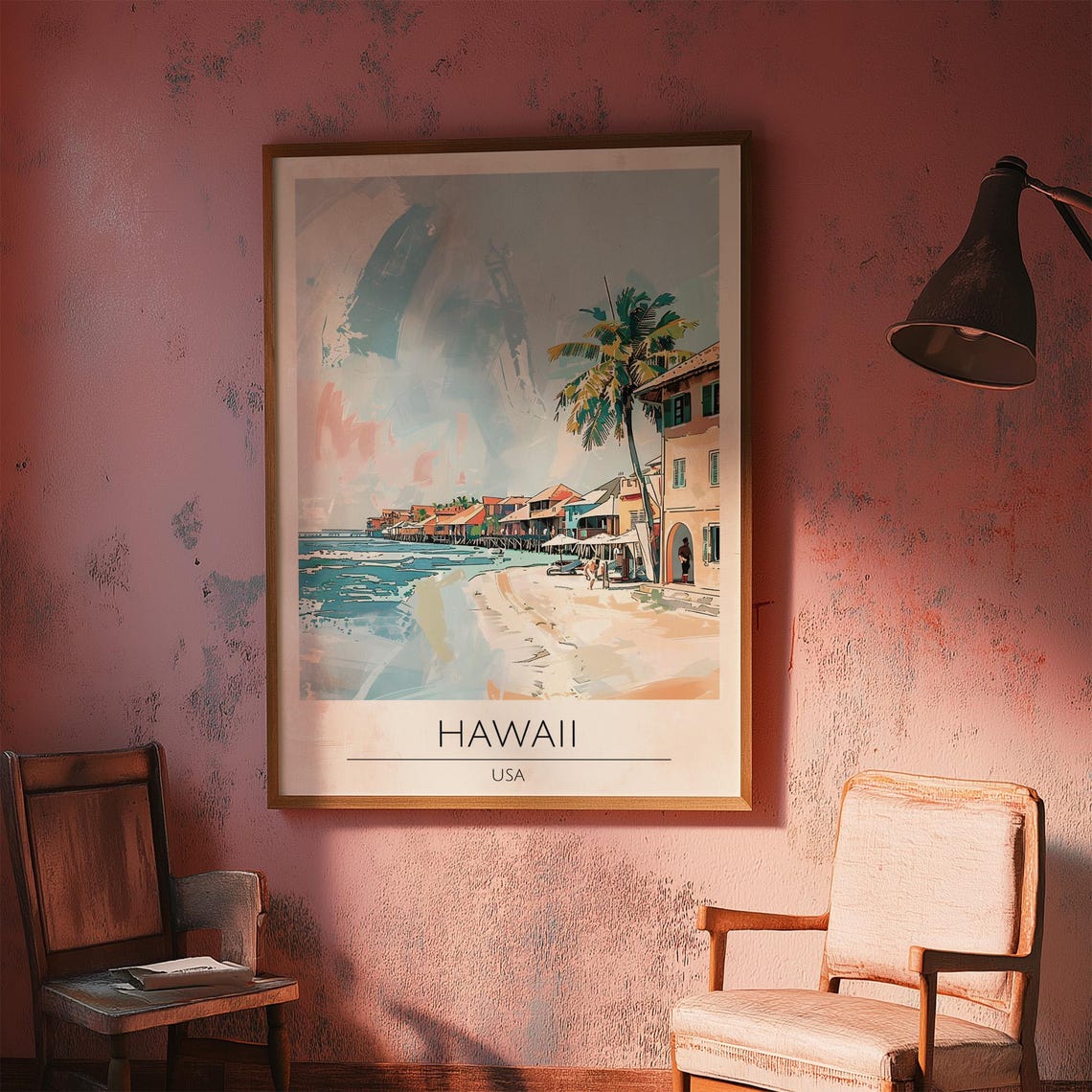 Hawaii USA Beach Town Palm Trees Shore Illustrated Travel Poster