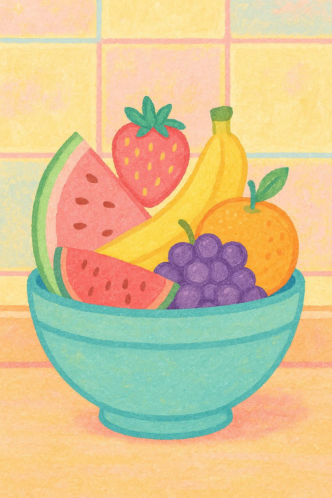 Pastel Fruit Bowl Print 5x7 Kitchen Wall Art Whimsical Vintage Inspired Fruit Illustration Cute Decor