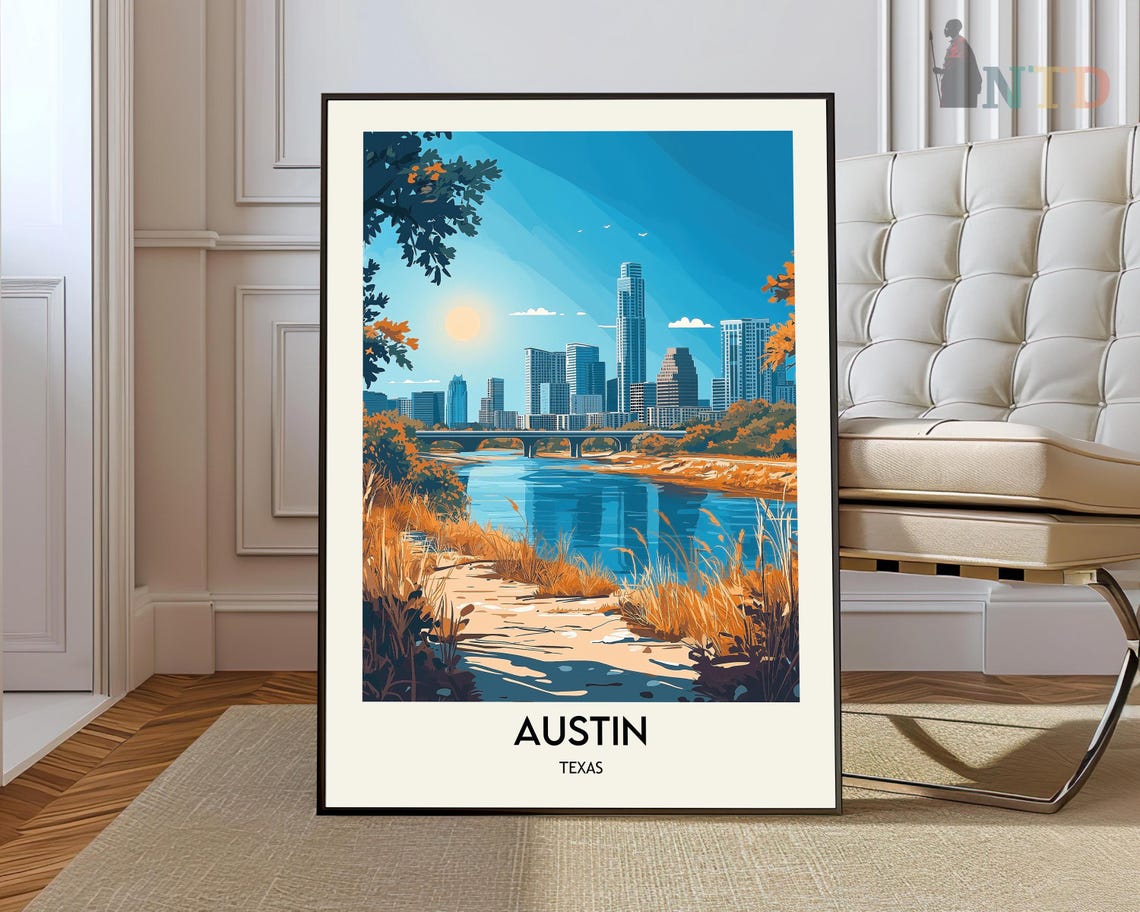 Austin Texas Daytime Skyline River Path Reeds Scene Travel Poster