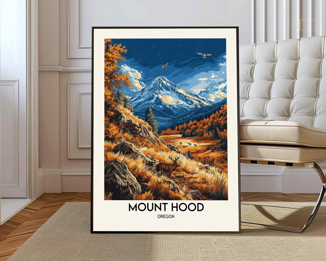 Mount Hood Oregon Autumn Elk Golden Meadow Scene Travel Poster