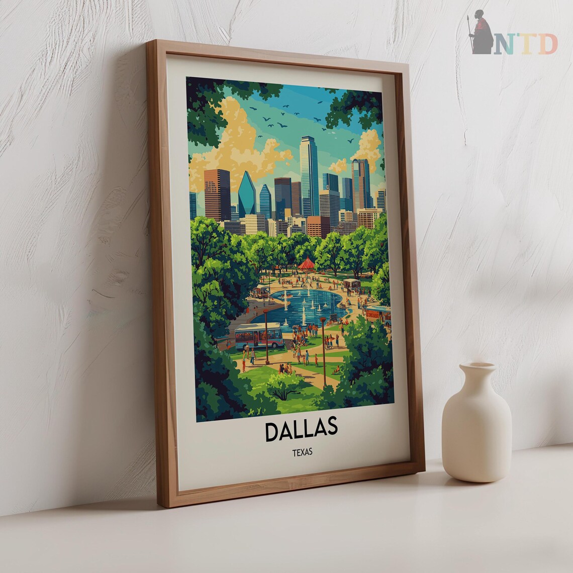 Dallas Texas Skyline Park Fountain Crowds Summer City Day Poster - Image 2