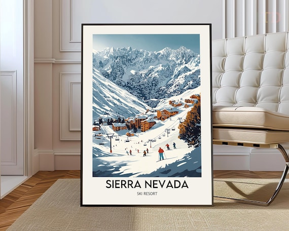 Sierra Nevada Ski Resort Vintage Style Mountain Village Poster