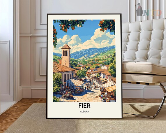 Fier Albania Bustling Old Market Street Vintage Travel Poster