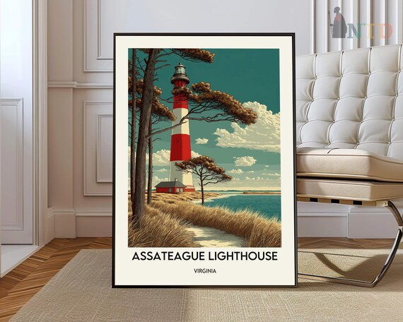 Assateague Lighthouse Virginia Pine Trees Seaside Retro Poster