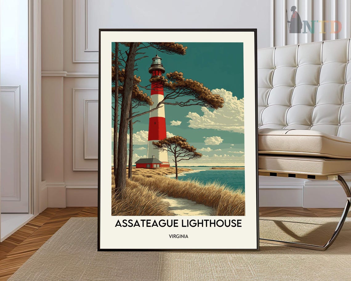 Assateague Lighthouse Virginia Pine Trees Seaside Retro Poster
