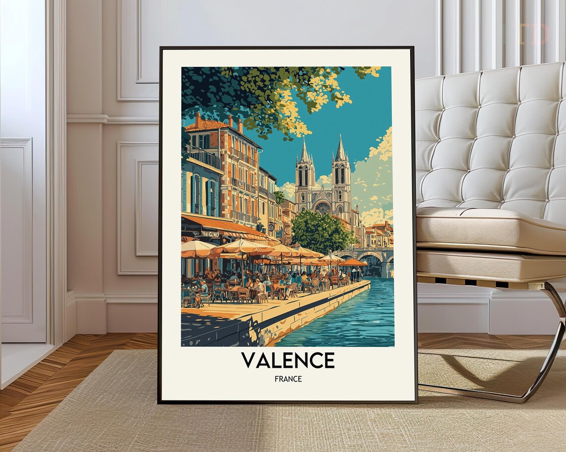Valence France River Quay Cathedral Cityscape Travel Poster Destination