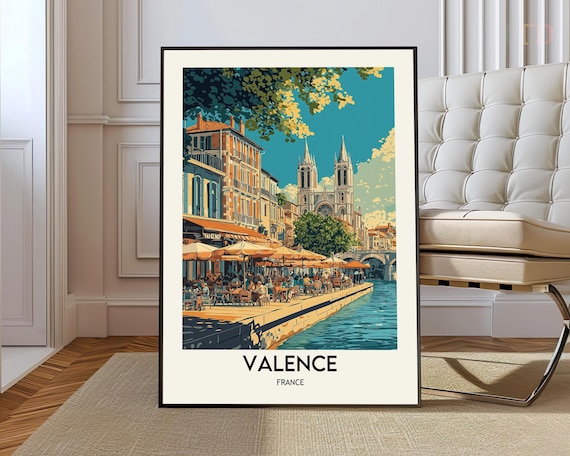 Valence France River Quay Cathedral Cityscape Travel Poster Destination