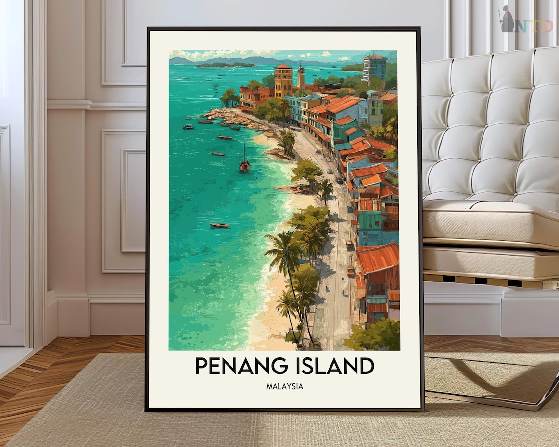 Penang Island Malaysia Aerial Beach Coast Vintage Travel Poster