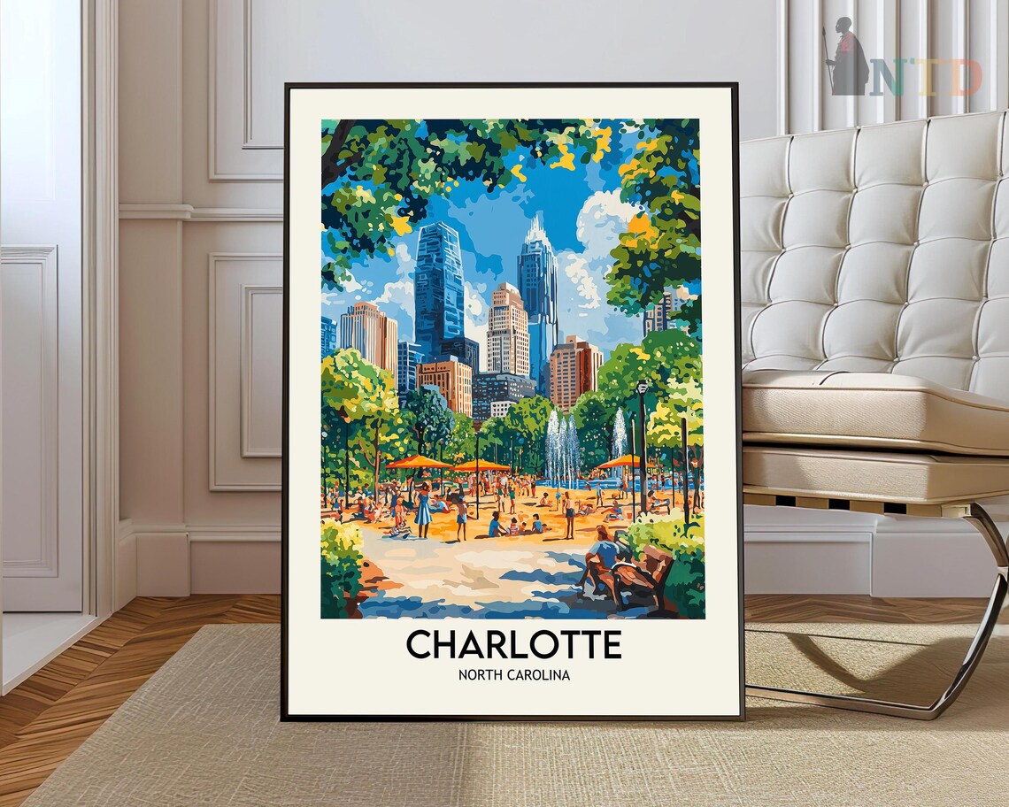 Charlotte North Carolina Park Fountain Uptown Skyline Day Poster