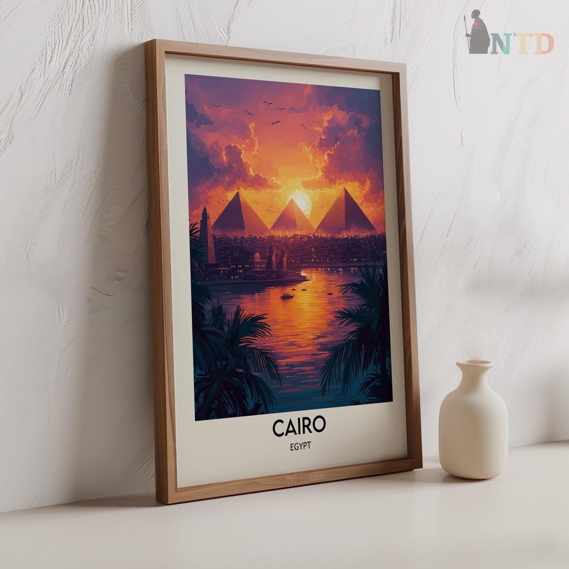Cairo Pyramids at Dusk Framed by Palm Trees Over the River Poster - Image 2