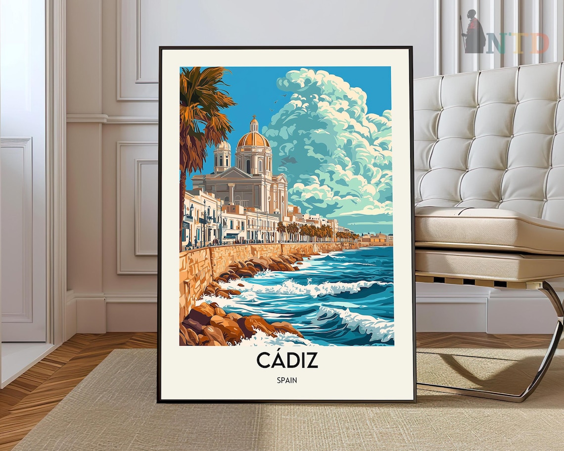 Cadiz Spain Seafront Cathedral Rocky Coast Waves Travel Poster