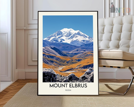Mount Elbrus Russia Snow Capped Peak Golden Autumn Hills Travel Poster