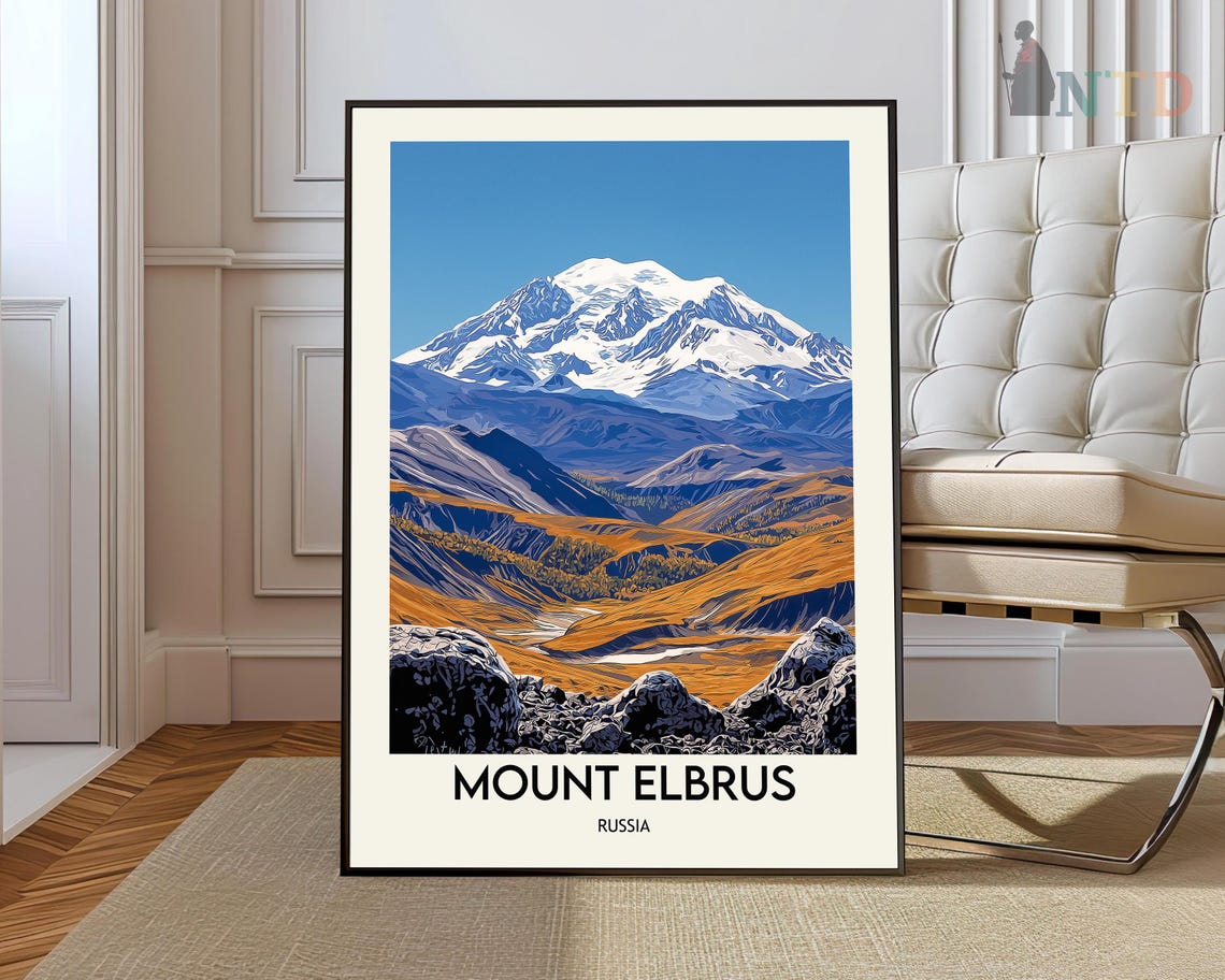 Mount Elbrus Russia Snow Capped Peak Golden Autumn Hills Travel Poster