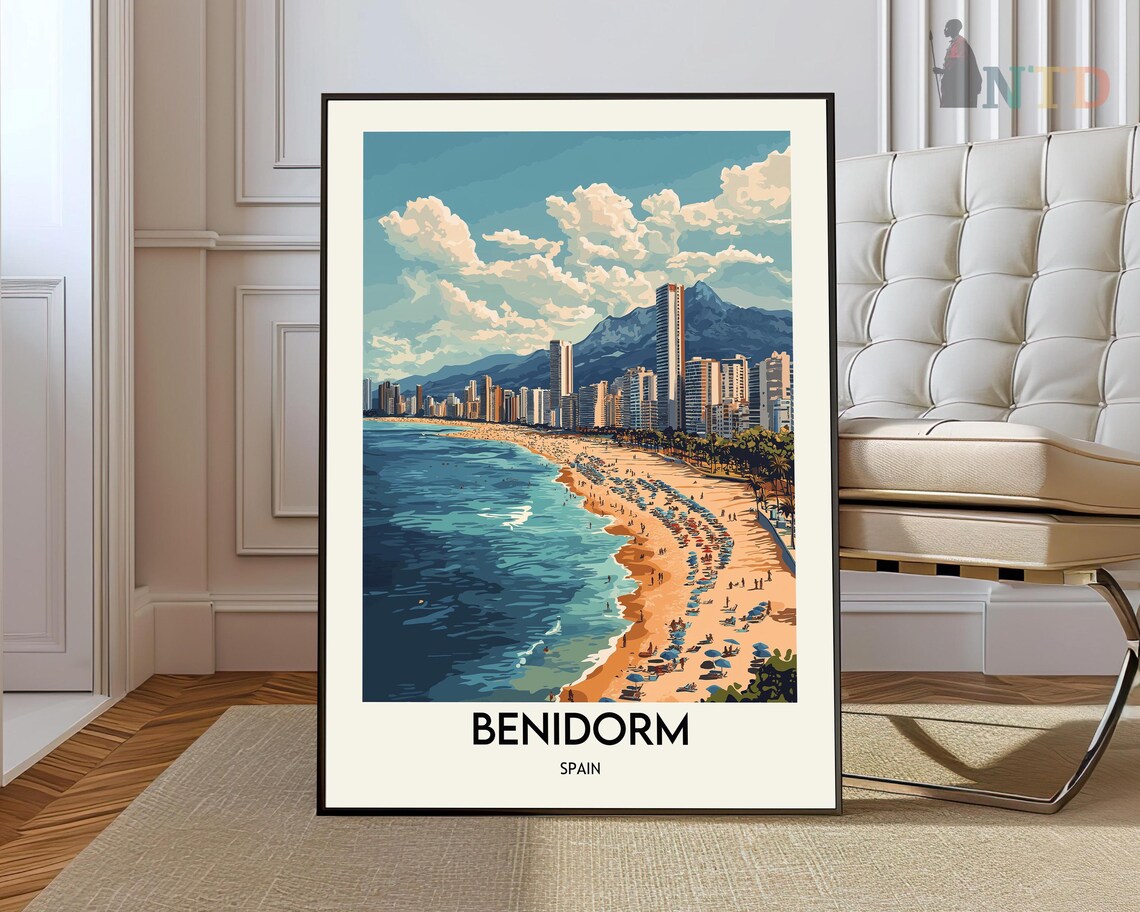 Benidorm Spain Beach Skyline Costa Blanca Vintage Travel Poster