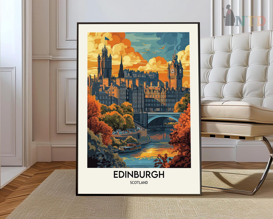 Edinburgh Scotland Sunset Skyline Castle Colorful Travel Poster