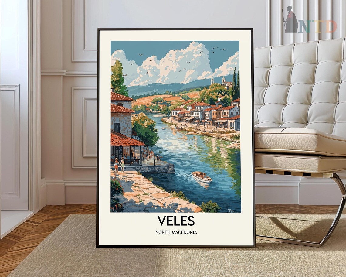Veles North Macedonia Riverside Old Town Boat Summer Travel Poster