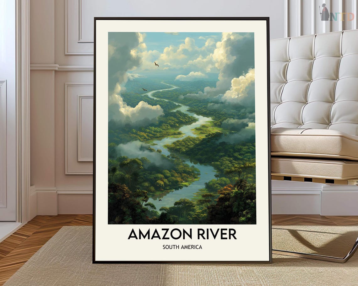 Amazon River South America Rainforest Aerial Illustrated Poster