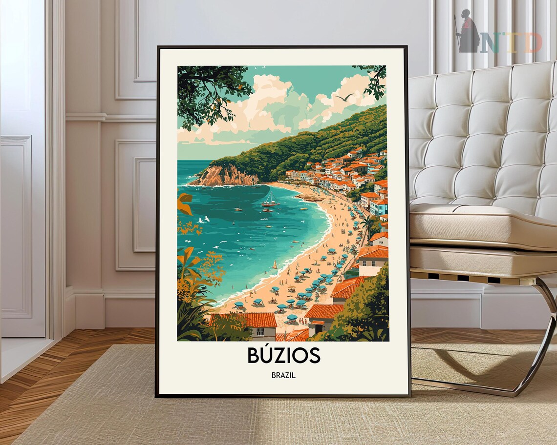 Búzios Brazil Beach Town Umbrellas Retro Summer Travel Poster