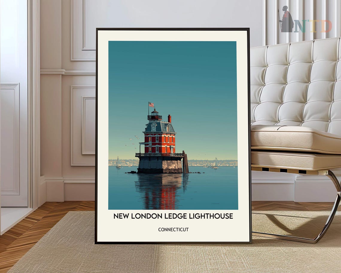 New London Ledge Lighthouse Golden Sunset Over Water Travel Poster