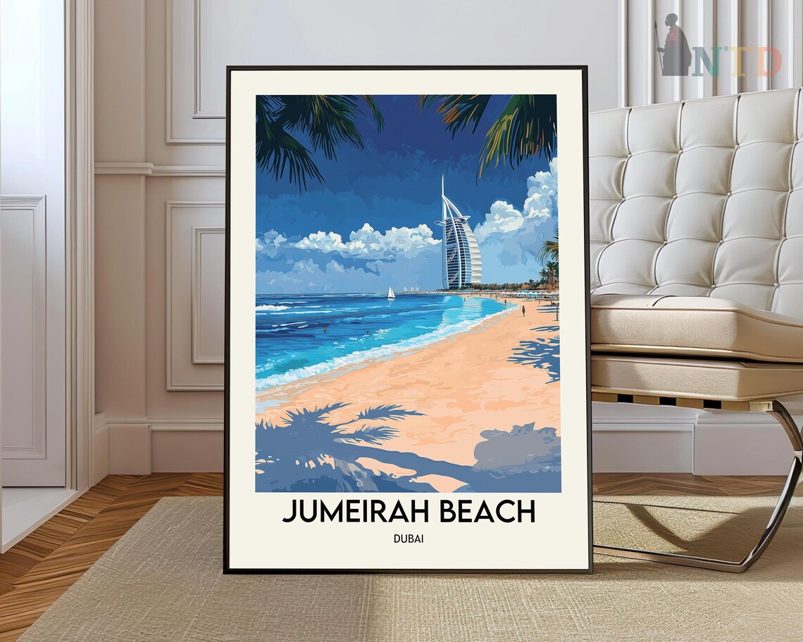 Jumeirah Beach Dubai Travel Poster with Burj Al Arab Palm Trees