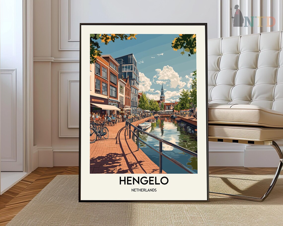 Hengelo Netherlands Vintage Canal Bridge City Scene Travel Poster