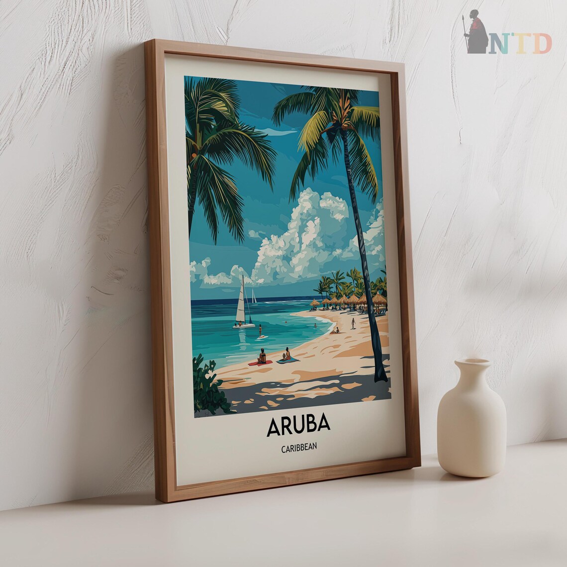 Aruba Caribbean Palm Beach Sailboats Palapas Turquoise Sea Poster - Image 2
