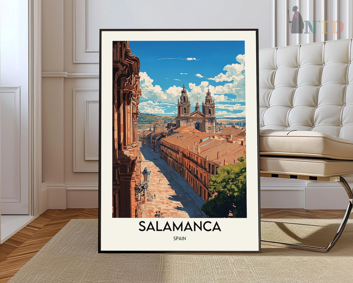 Salamanca Spain Vintage Travel Poster Golden Old Street Cathedral