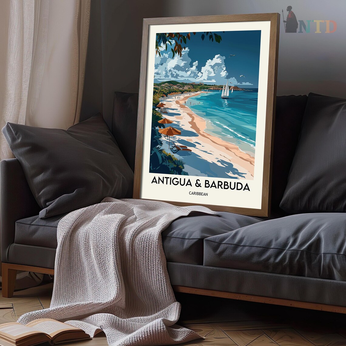 Antigua and Barbuda Orange Umbrellas Beach Bay Caribbean Poster - Image 3