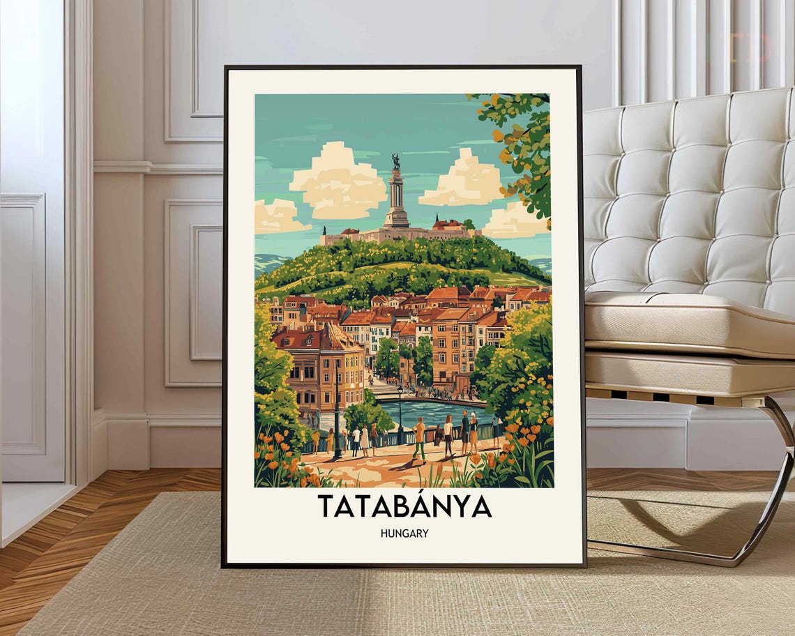 Tatabanya Hungary Retro Travel Poster Cityscape Monument Hill