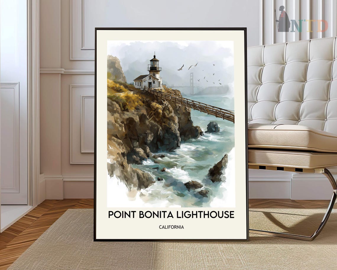 Point Bonita Lighthouse Misty Cliffs California Watercolor Poster