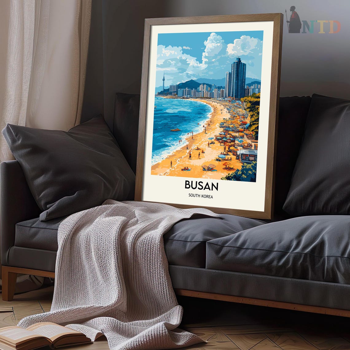 Busan South Korea Beach Crowd Umbrellas Skyline Travel Poster - Image 3