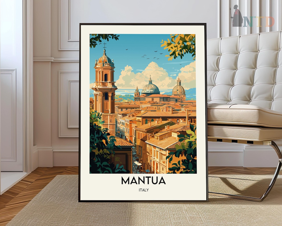 Mantua Italy Vintage Travel Poster Bell Tower Domes Old Town