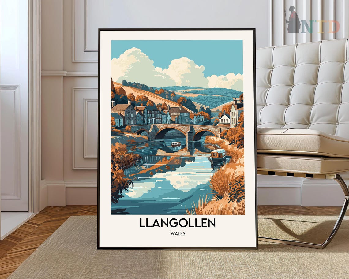 Llangollen Wales Stone Bridge River Village Autumn Travel Poster