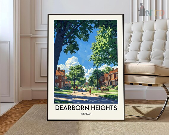 Dearborn Heights Michigan Nostalgic Tree Lined Neighborhood Street Travel Poster