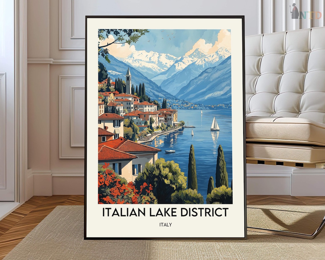 Italian Lake District Italy Lakeside Village Vintage Travel Art Poster