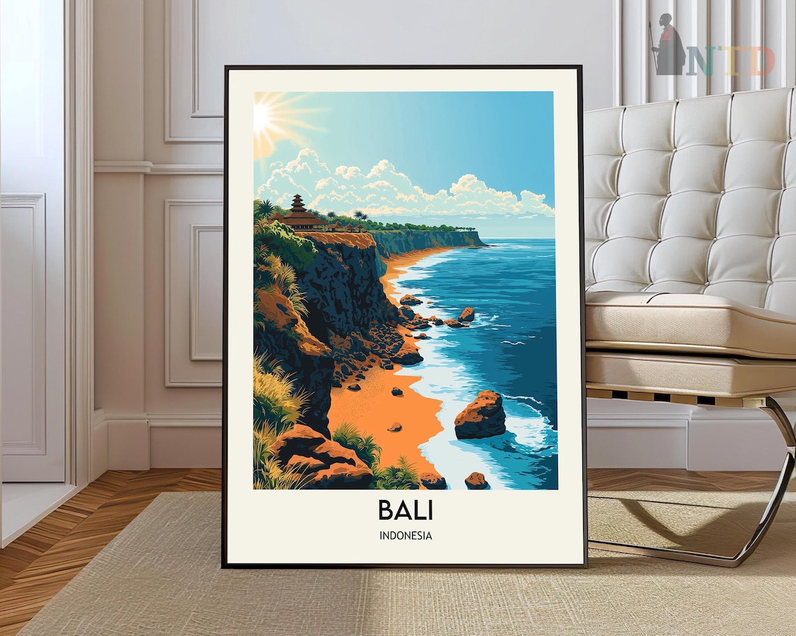 Bali Cliffside Temple Beach Daytime Cove Ocean Travel Poster