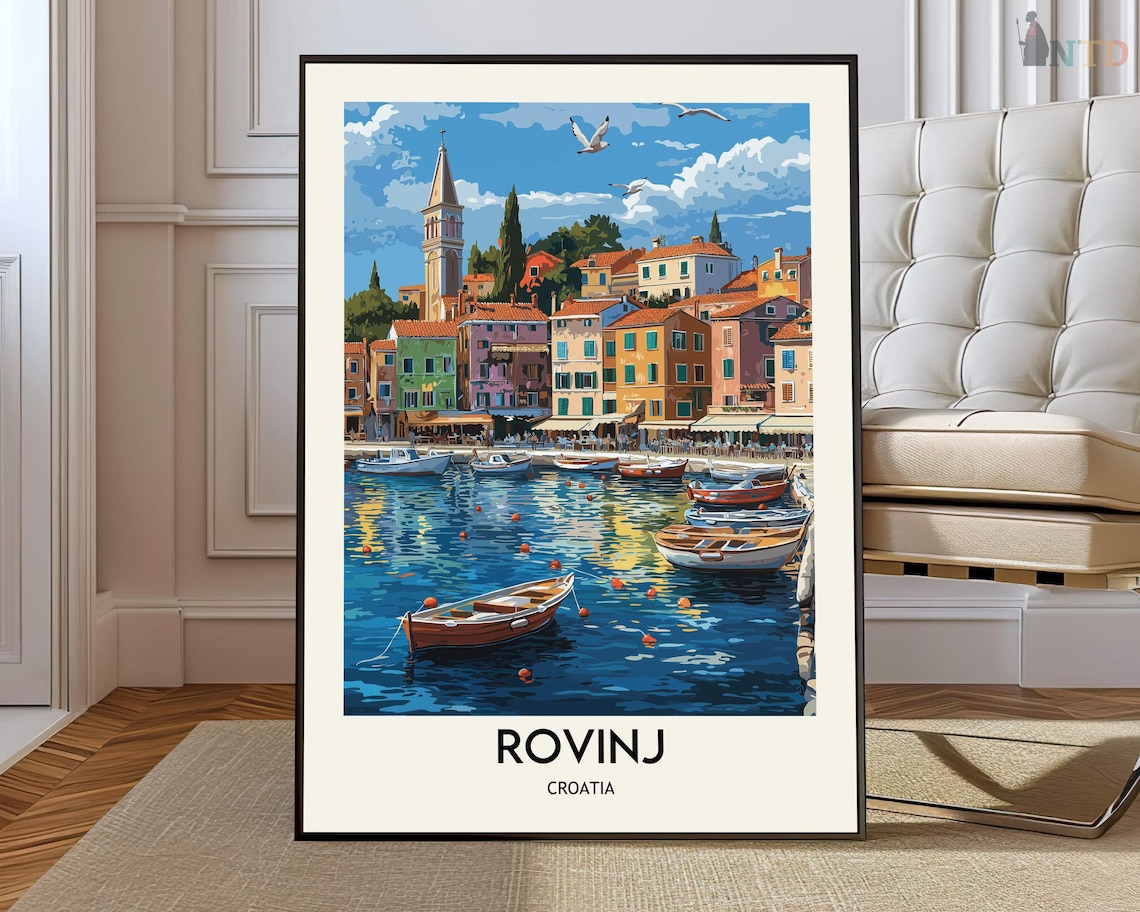 Rovinj Croatia Travel Poster Harbor Boats and Colorful Old Town