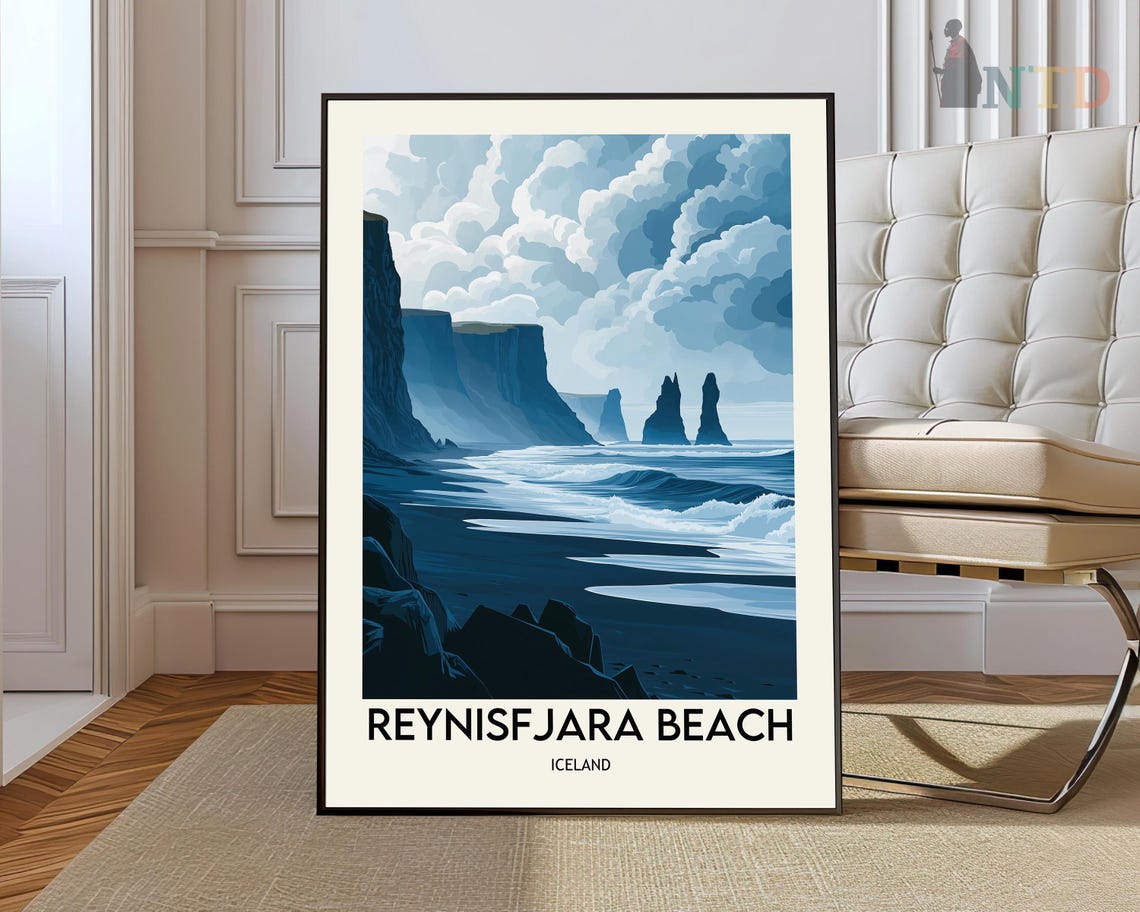 Reynisfjara Black Sand Beach Iceland Sea Cliffs Travel Poster