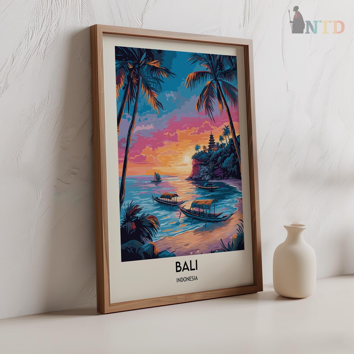 Bali Beach Sunset Outrigger Boats Palm Trees Scene Travel Poster - Image 2