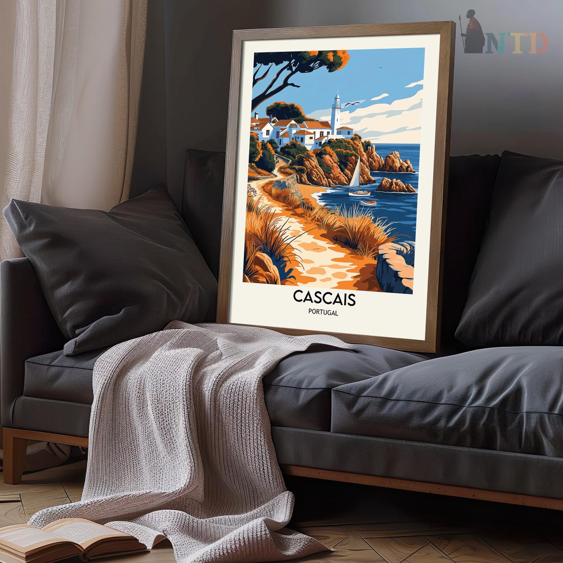 Cascais Lighthouse Cliff Coast Seagull Vintage Travel Poster - Image 3