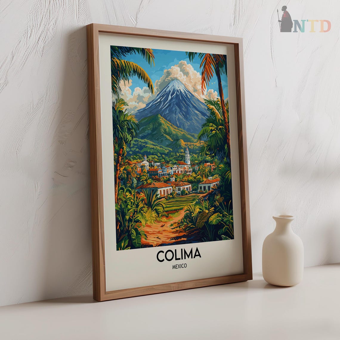 Colima Mexico Snowcapped Volcano Tropical Town Palm Trees Poster - Image 3