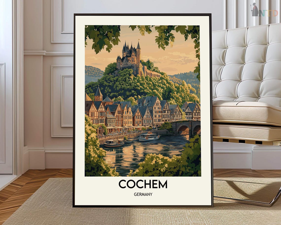 Cochem Germany Riverside Old Town with Castle View Travel Poster