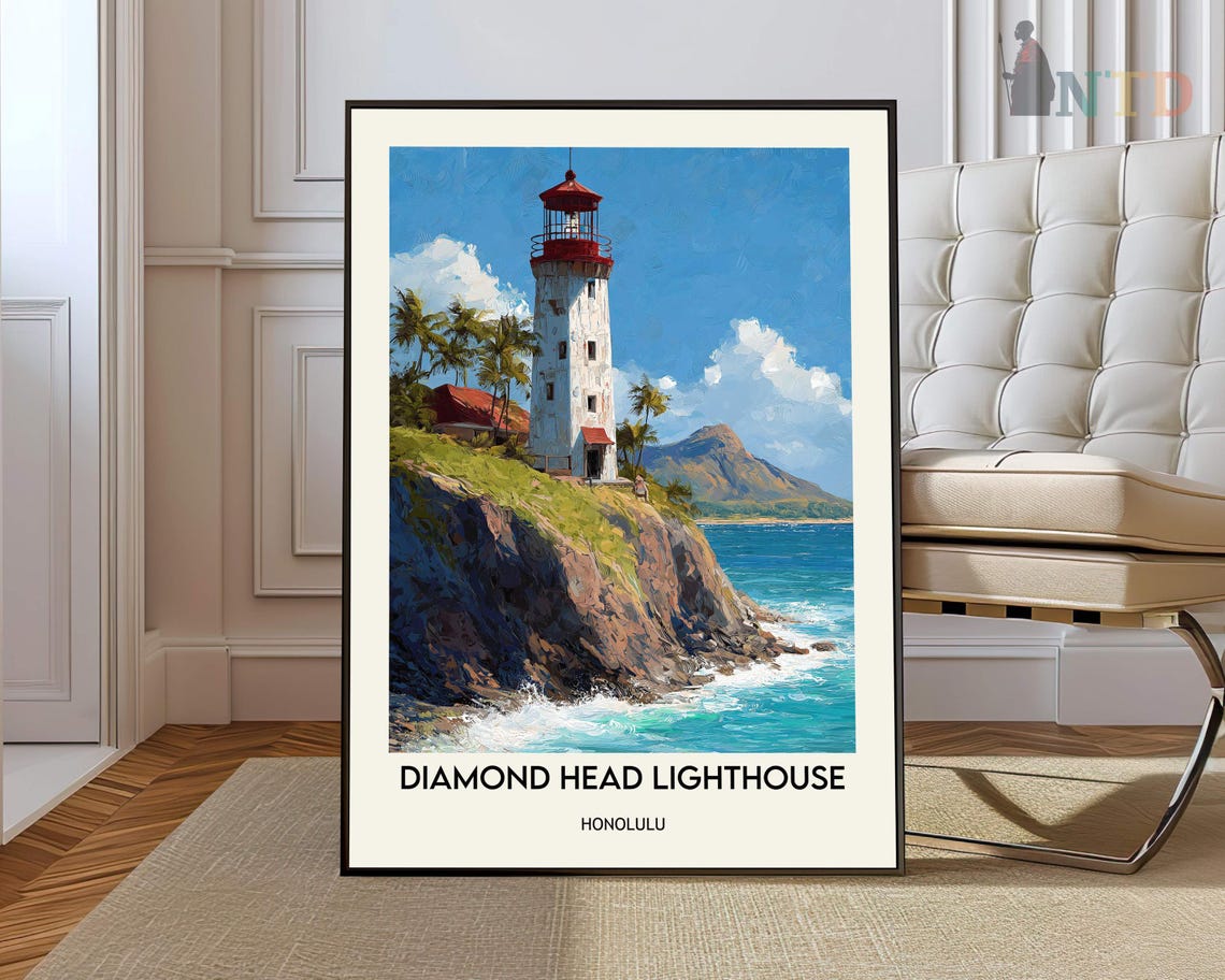Diamond Head Lighthouse Honolulu Crashing Ocean Waves Art Poster