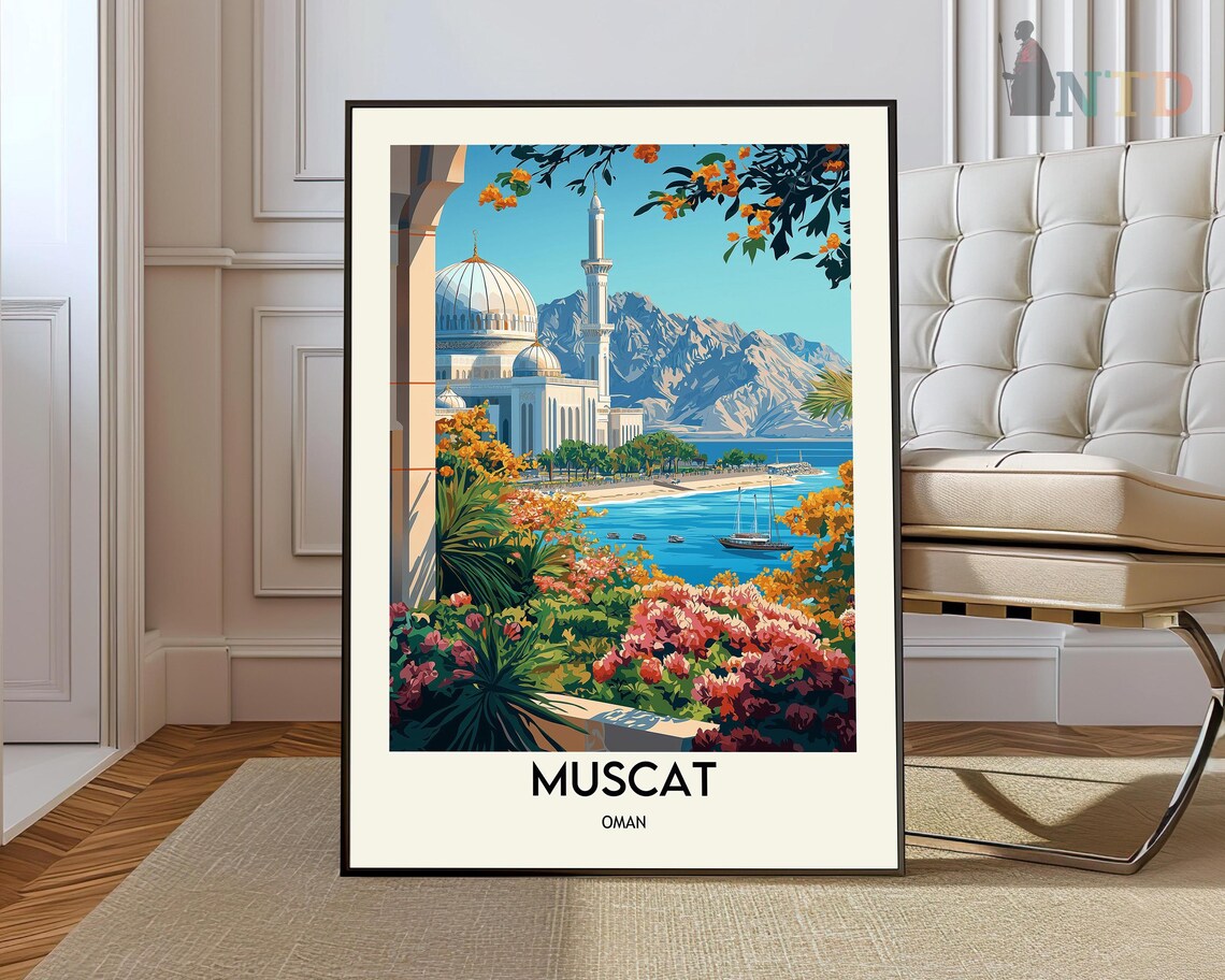Muscat Oman White Mosque Coast Flowers Vintage Travel Poster