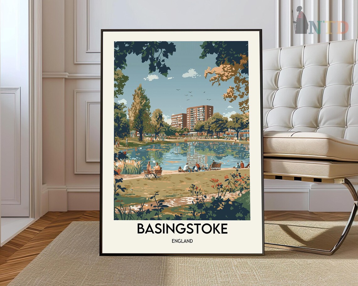 Basingstoke England Lakeside Park Poster Vintage Travel Illustration