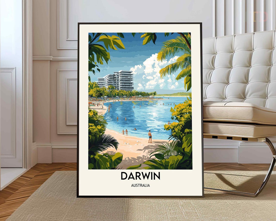 Darwin Australia Retro Tropical Palm Beach Bay Travel Poster