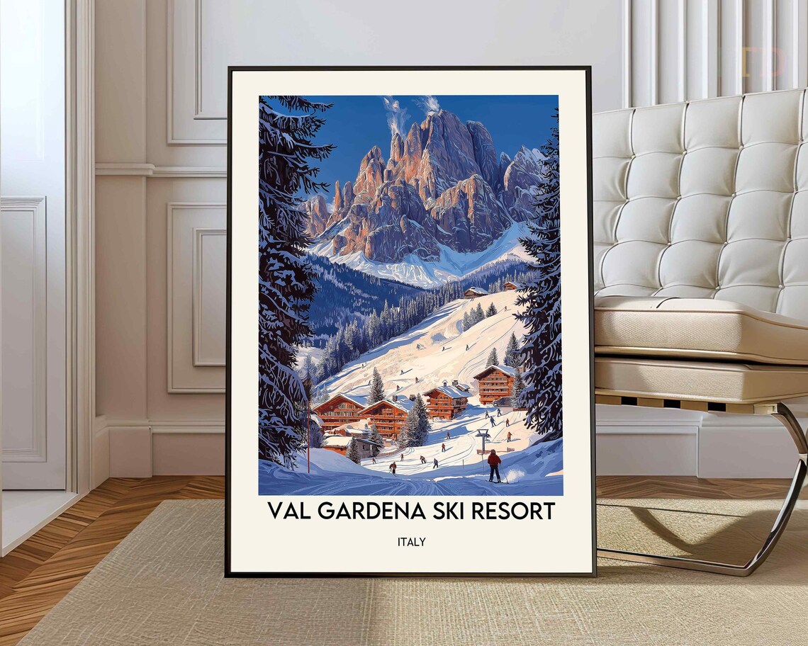 Val Gardena Italy Dolomites Ski Resort Village Vintage Travel Poster
