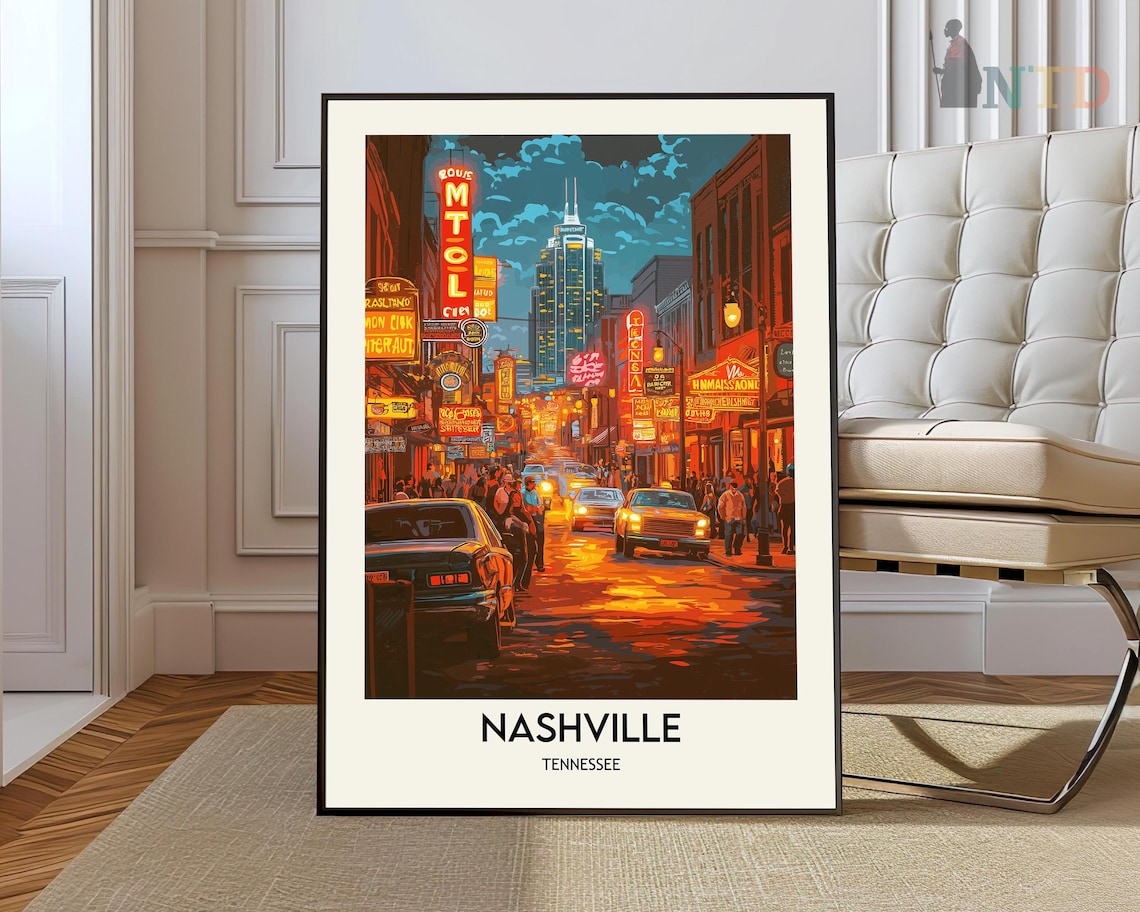 Nashville Tennessee Broadway Neon Night Street Vintage Travel Poster
