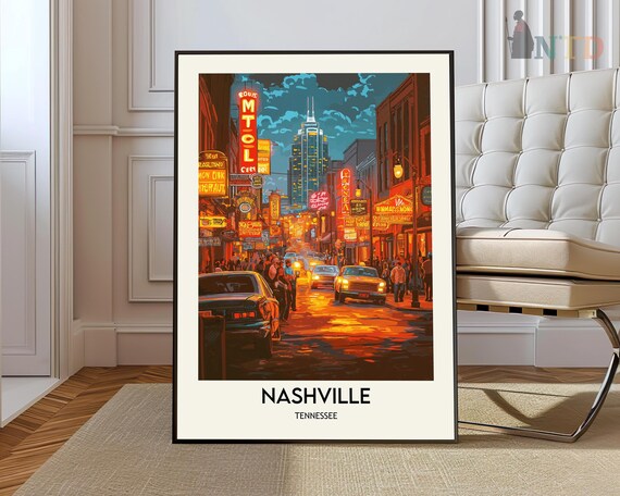 Nashville Tennessee Broadway Neon Night Street Vintage Travel Poster