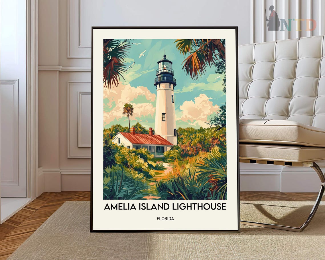 Amelia Island Lighthouse Palm Trees Tropical Coastal Art Poster